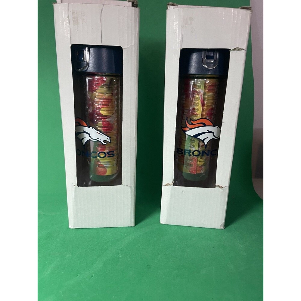 Pair of 2 Denver Broncos 24 oz Acrylic Sports Water Bottles with Infuser Tube